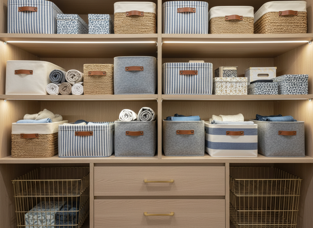 decorative storage bins and boxes with clothes
