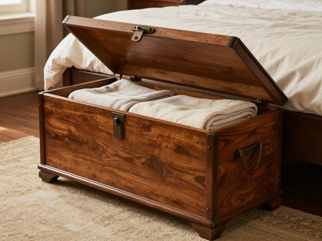 decorative storage chest at foot of bed with blankets