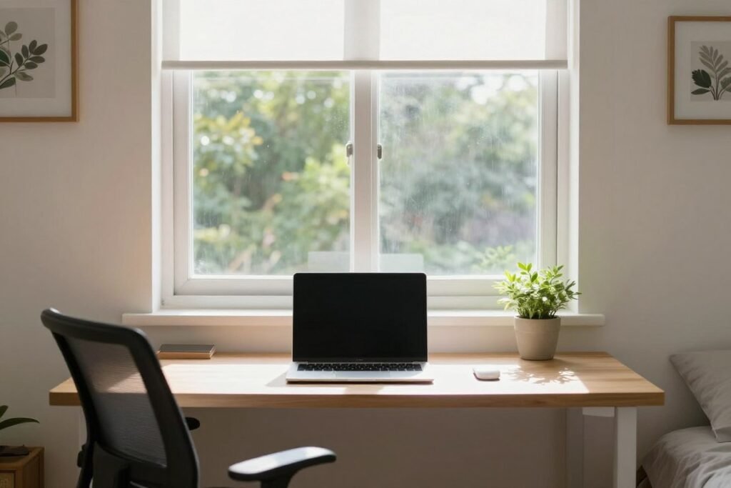 desk installed under bedroom window with natural lighting