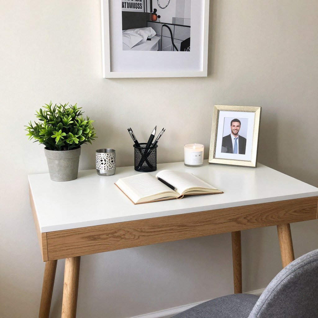 desk styled with decorative accessories and personal touches