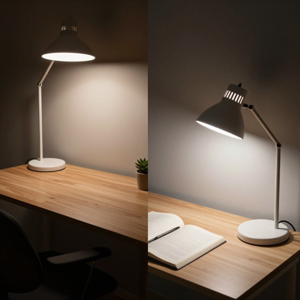 desk with inadequate overhead lighting versus proper task lighting