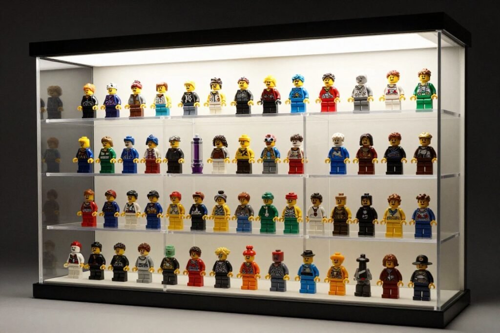 display case filled with organized lego minifigures in compartments
