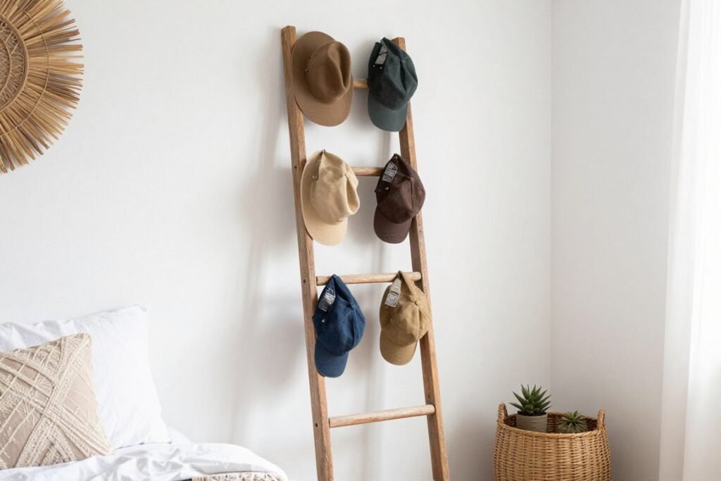 diy hat storage using repurposed wooden ladder against bedroom wall