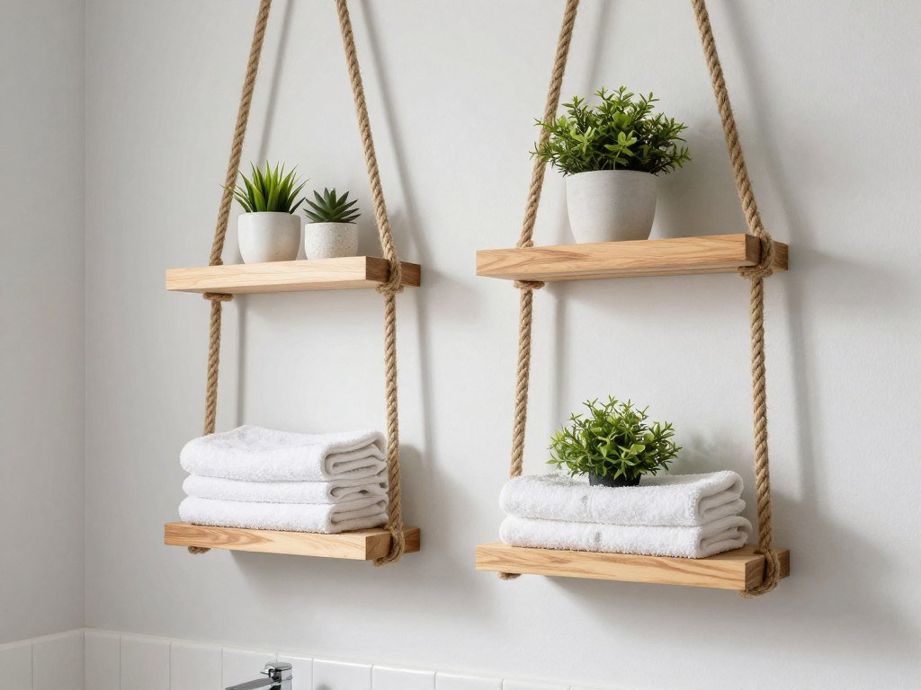 diy rope hanging bathroom shelves