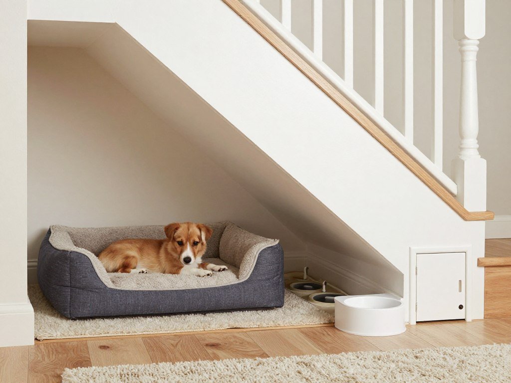 dog bed and pet supplies stored in under stairs nook