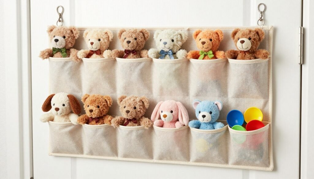 door mounted stuffed animal organizer with toys sorted by size