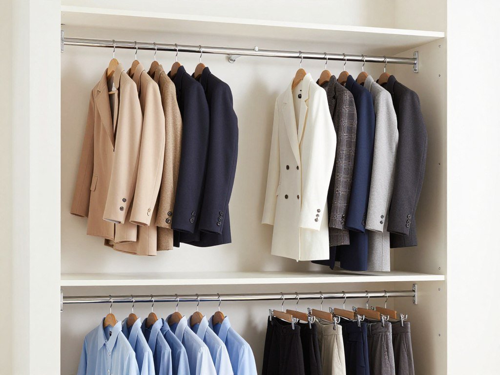 double hanging rod system in closet with organized clothes