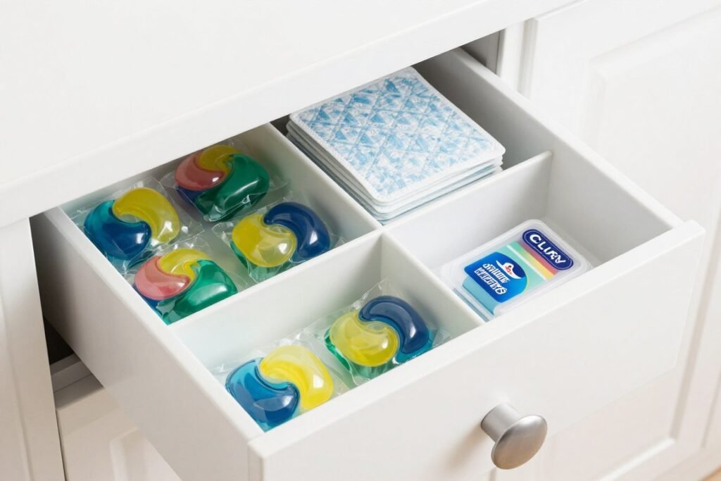 drawer organizer with laundry pods and sheets