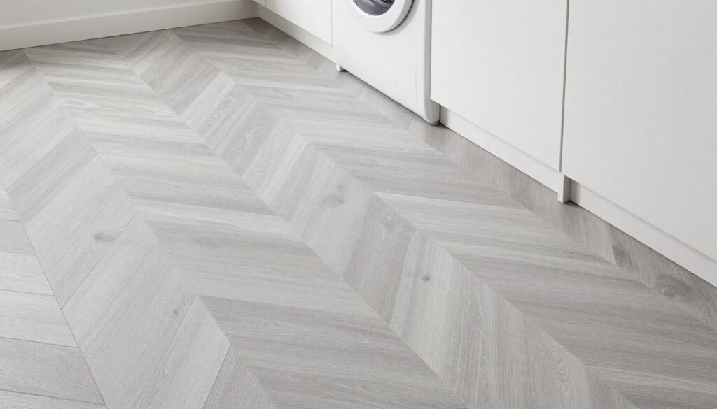 durable tile flooring in modern mudroom laundry space