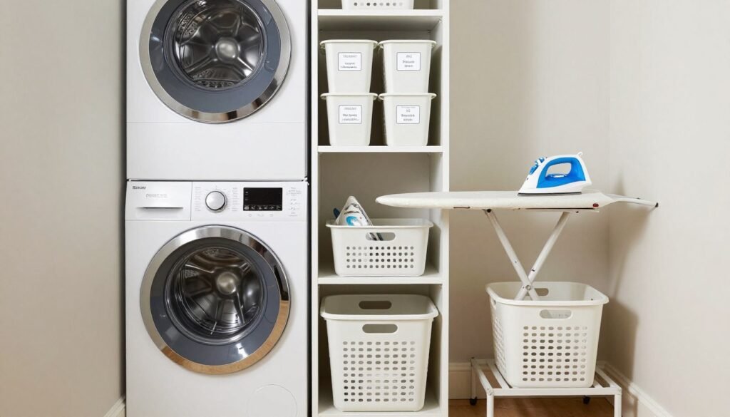 efficiently organized small laundry room with labeled storage and sorting system