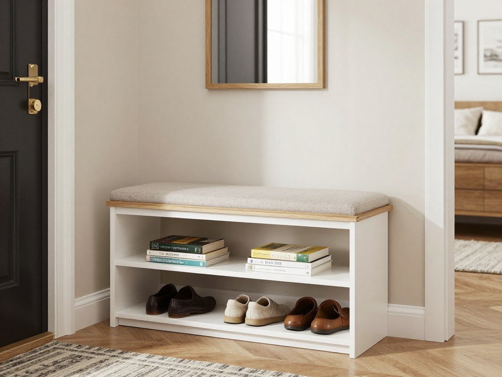 entryway bench with built-in book storage underneath seat