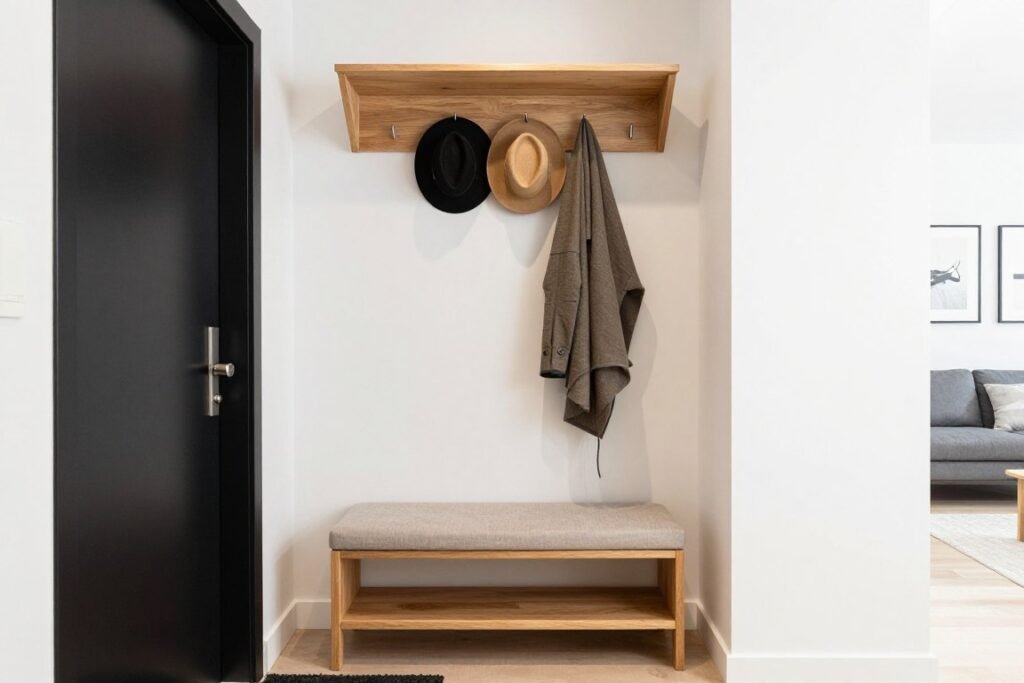 entryway bench with integrated hat storage hooks above