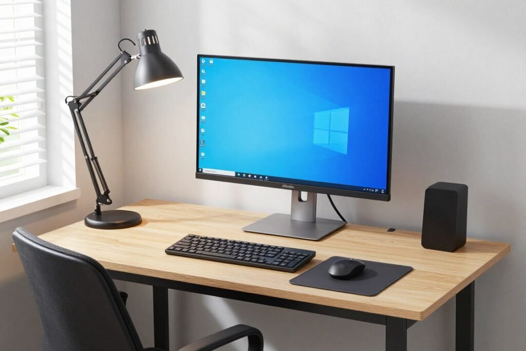 ergonomically set up small workspace with proper lighting
