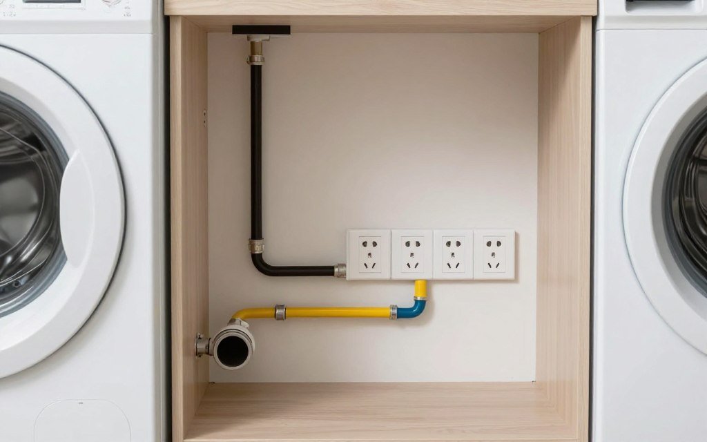 exposed plumbing and electrical outlets in laundry room