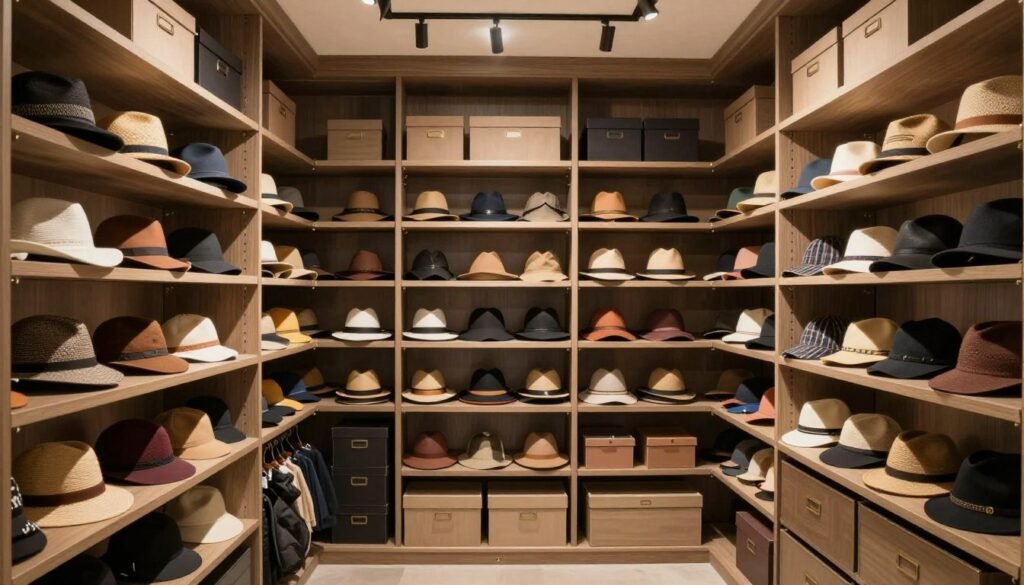 extensive hat collection organized in dedicated closet space