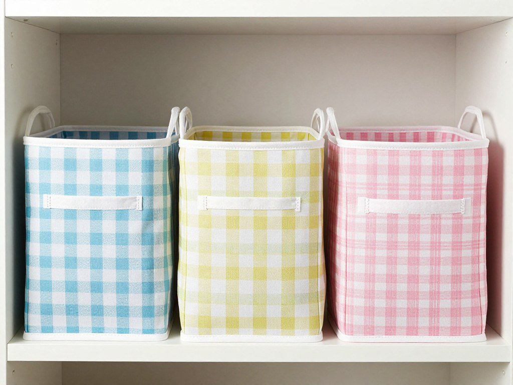 fabric bins on closet shelf in laundry room