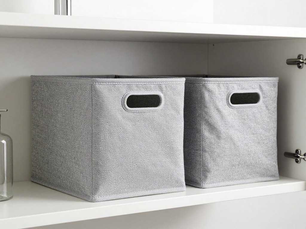 fabric storage bins in bathroom cabinet