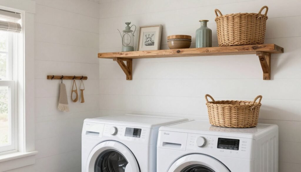 farmhouse laundry room with shiplap walls and rustic wood shelf above top loading washer