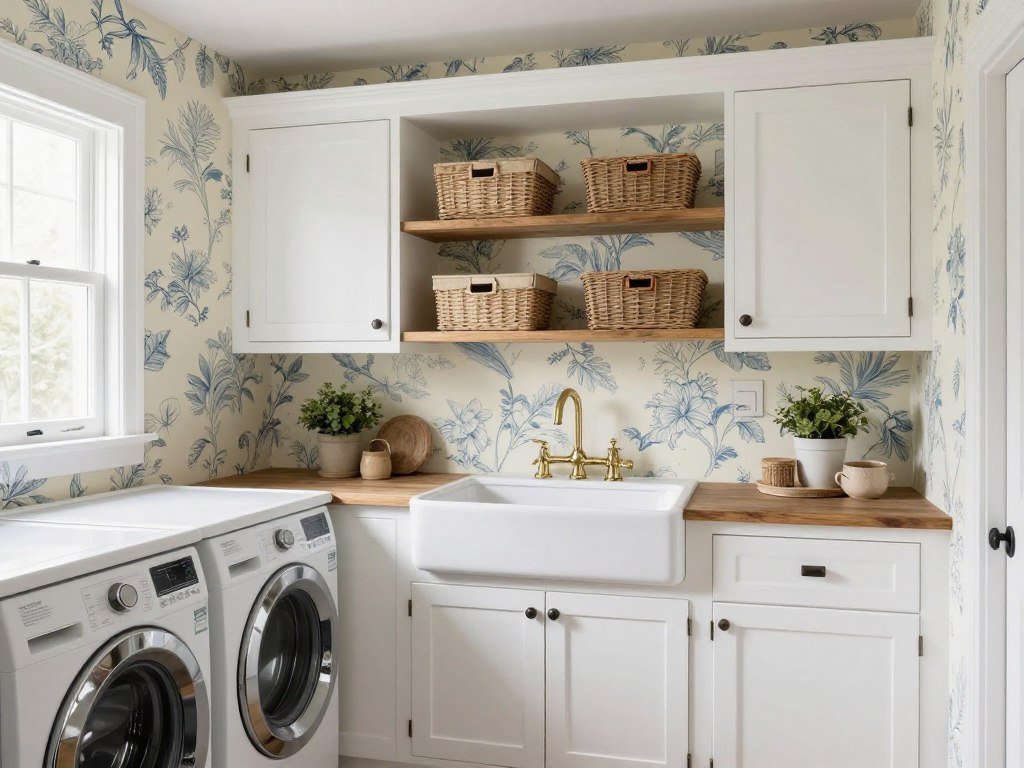 farmhouse laundry room with vintage floral toile wallpaper