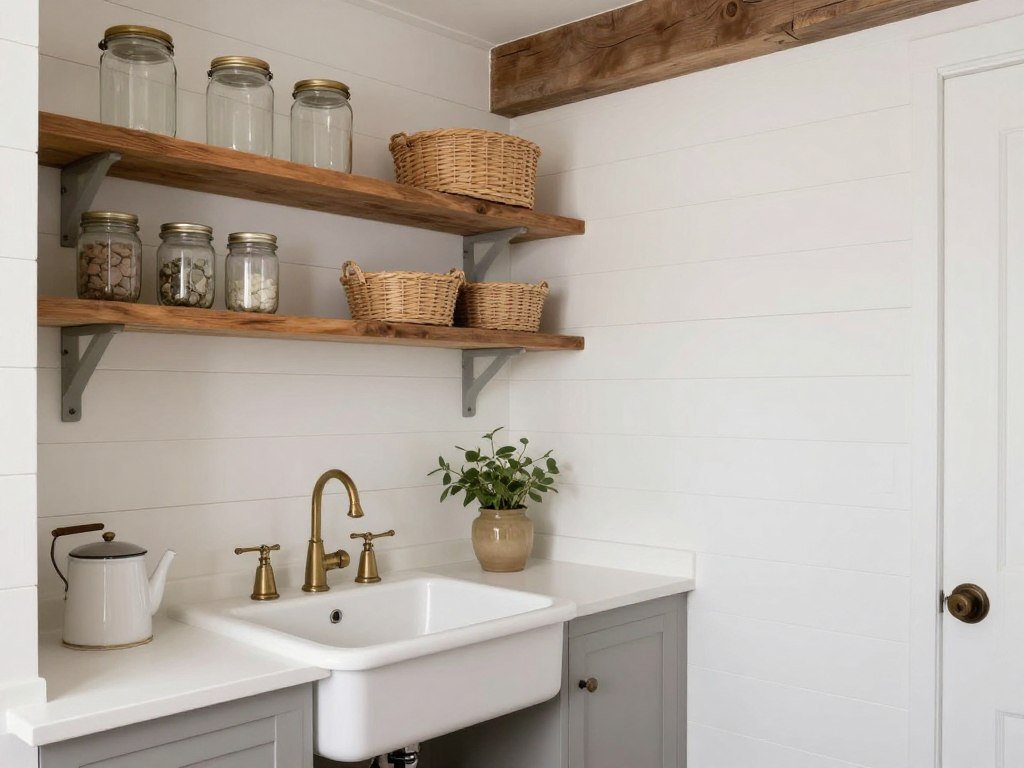 farmhouse style laundry room with shiplap walls and vintage decor