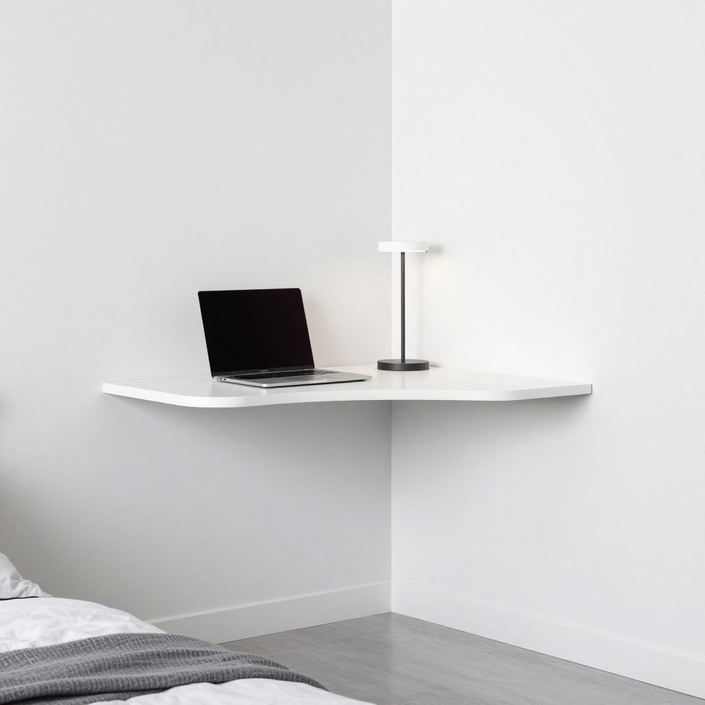 floating corner desk mounted on white walls in minimal bedroom