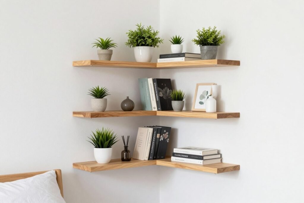 floating corner shelves in small bedroom holding decor