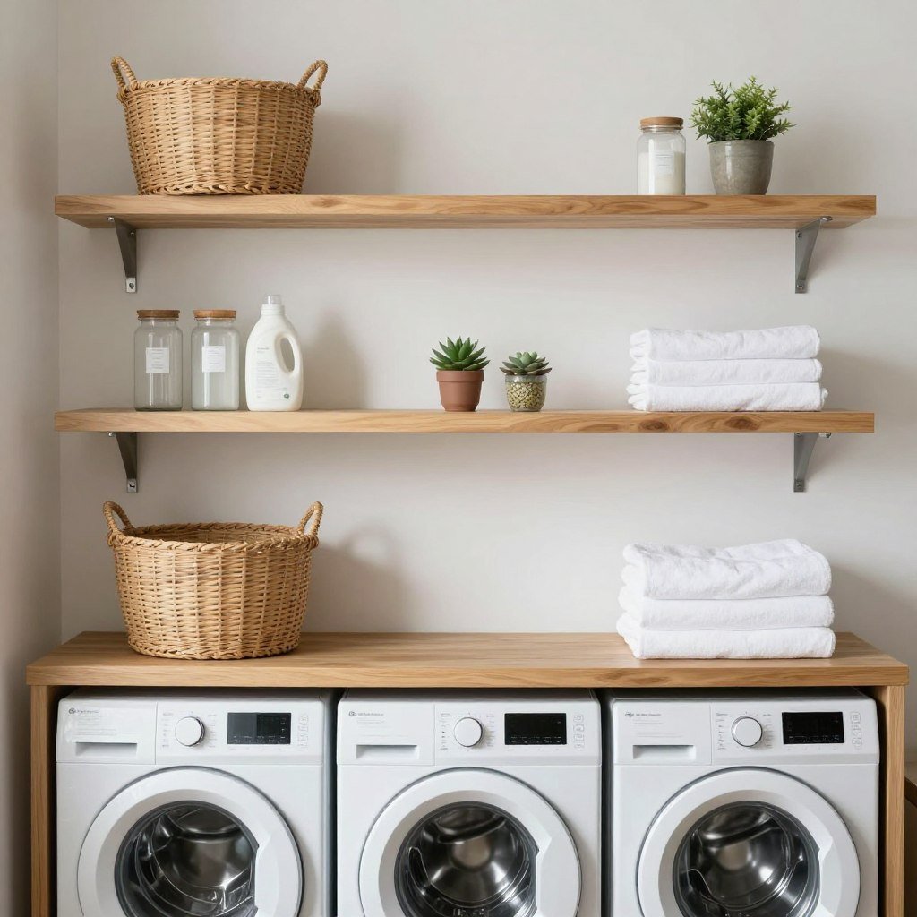 floating open shelves above washer dryer with decorative storage