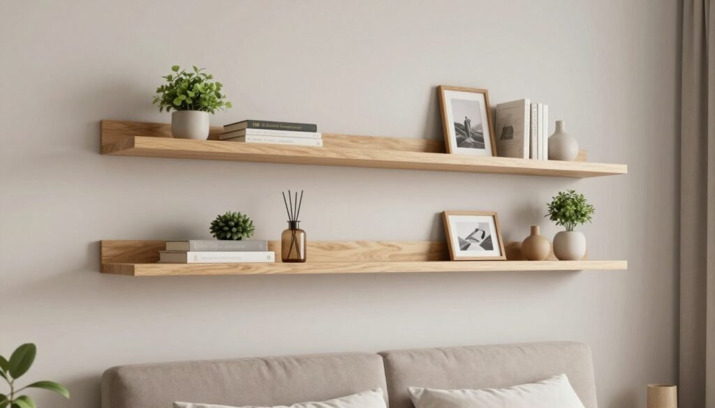 floating shelves above bed in small bedroom with decorative items
