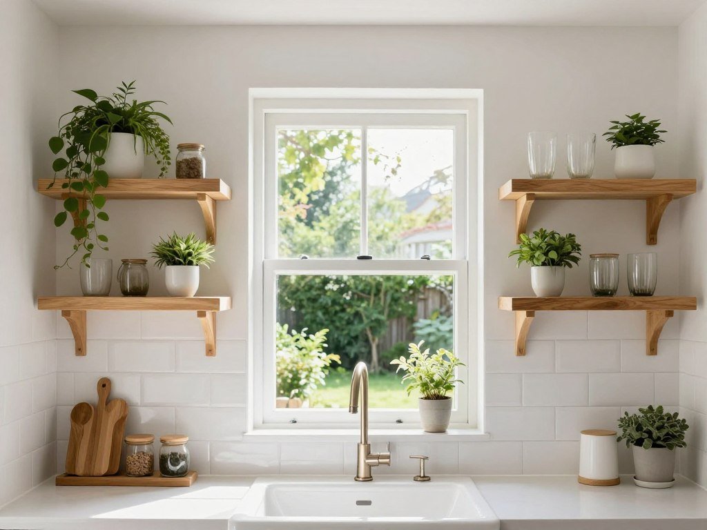 floating shelves above kitchen sink with window view