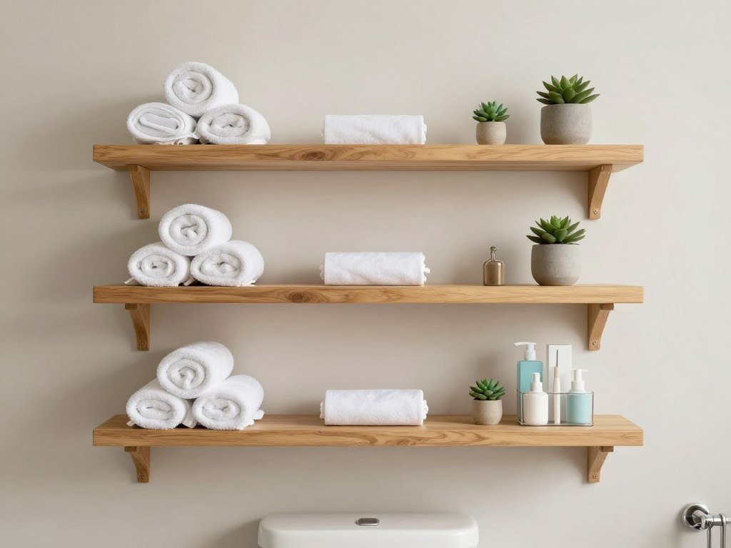 floating shelves above toilet with organized bathroom products