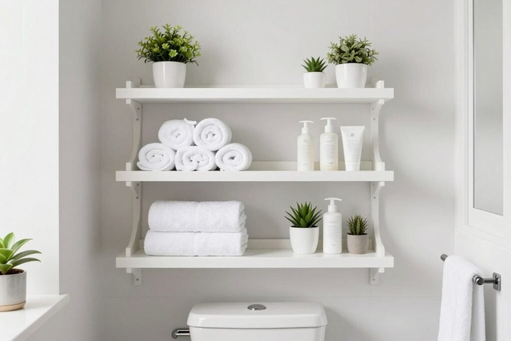floating shelves above toilet with rolled towels and bathroom items