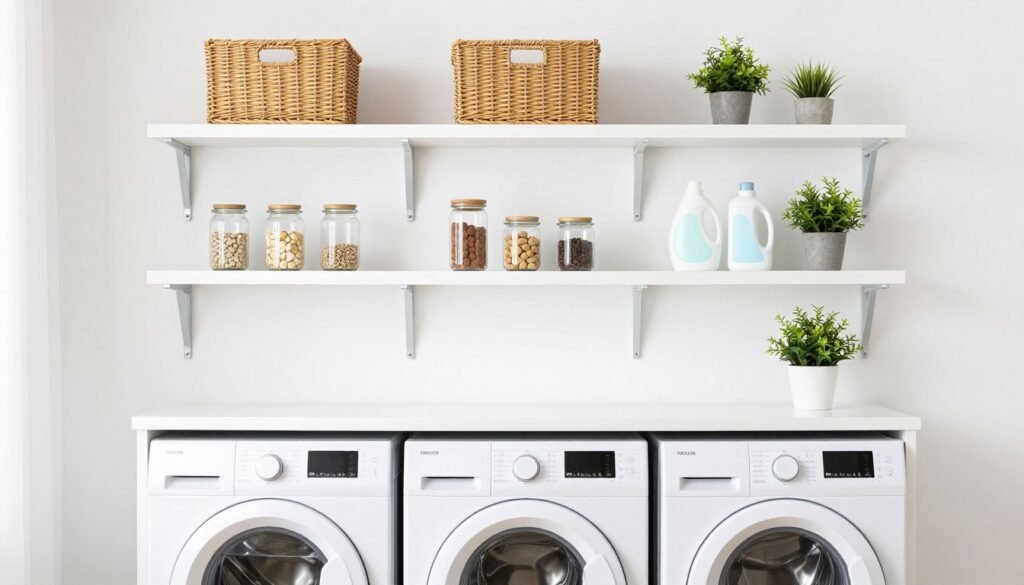 floating shelves above washer and dryer in small laundry room