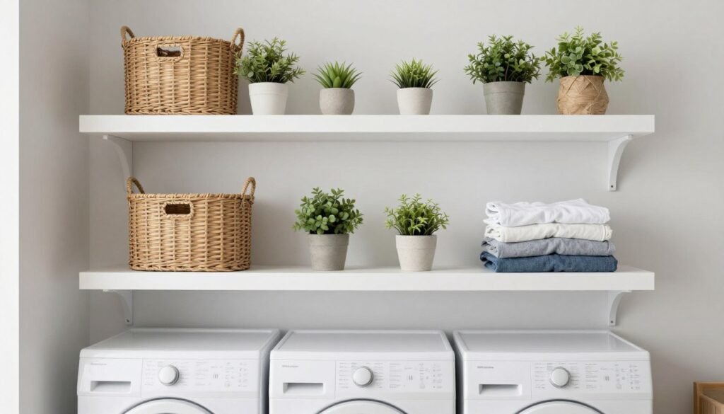floating shelves above washer dryer with storage baskets
