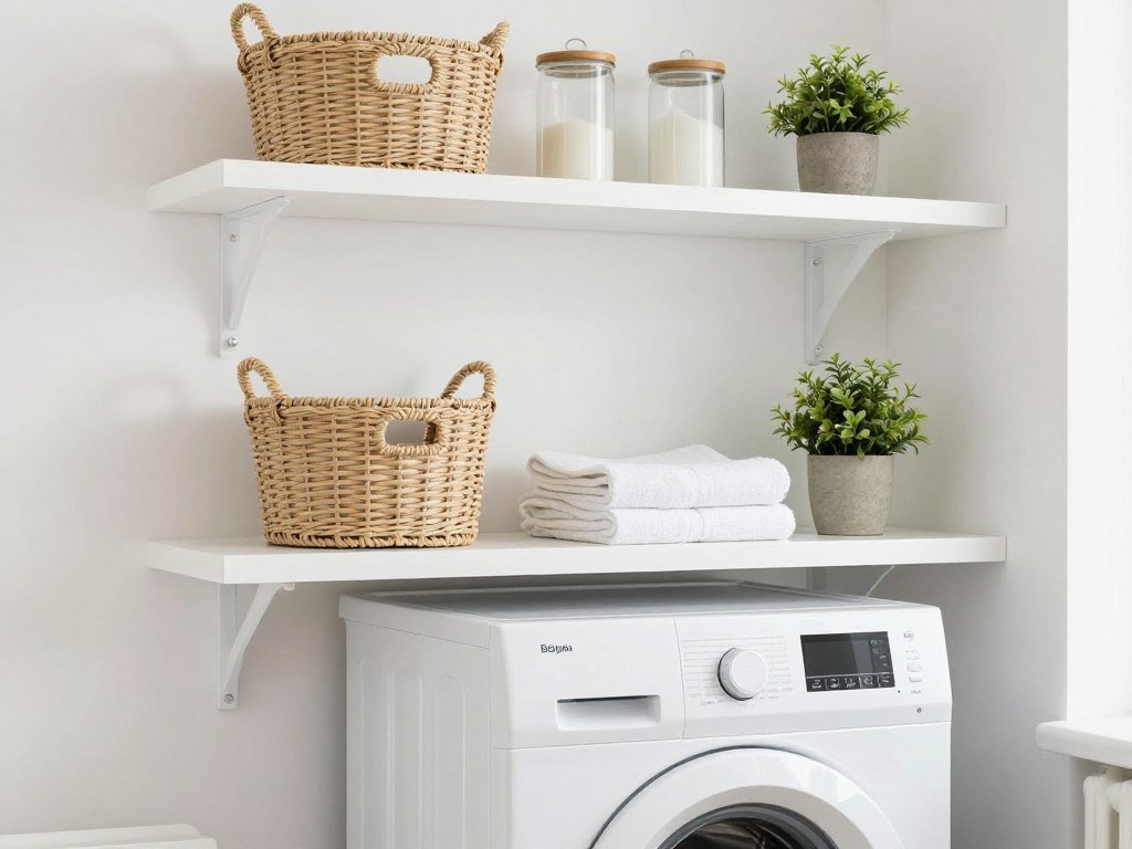 floating shelves above washing machine holding woven baskets and laundry supplies floating shelves above washing machine holding woven baskets and laundry supplies
