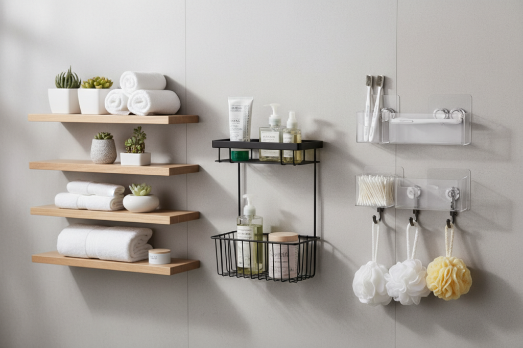 floating shelves and wall-mounted bathroom storage