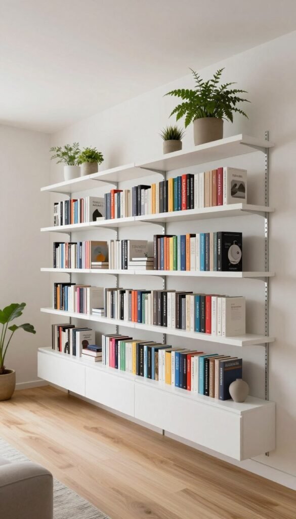floating shelves create vertical book storage from floor to ceiling in small living room