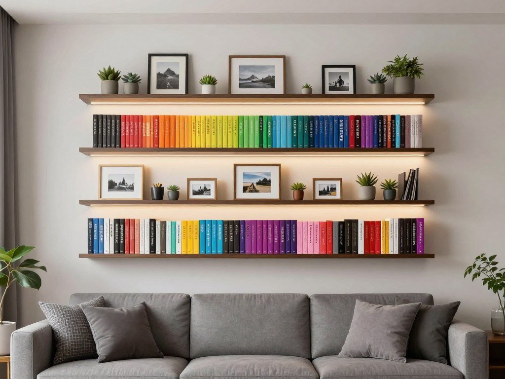 floating shelves displaying book collection as focal point in contemporary living room design