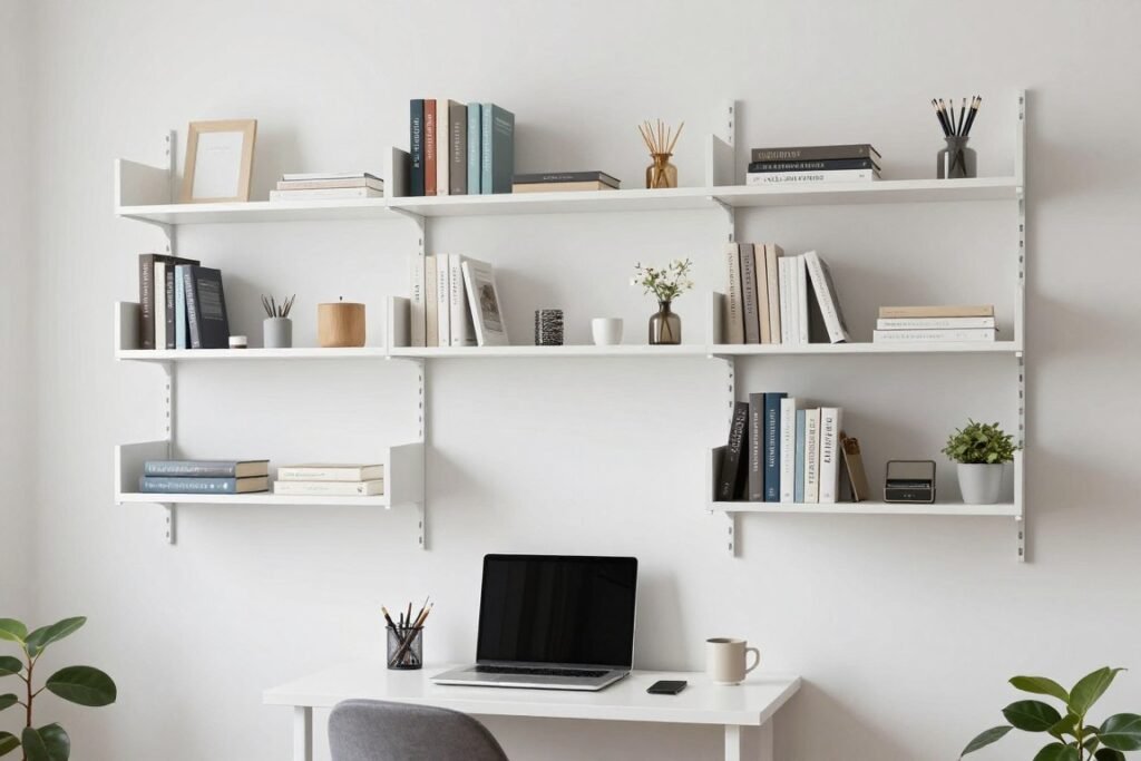 floating shelves installed above small workspace
