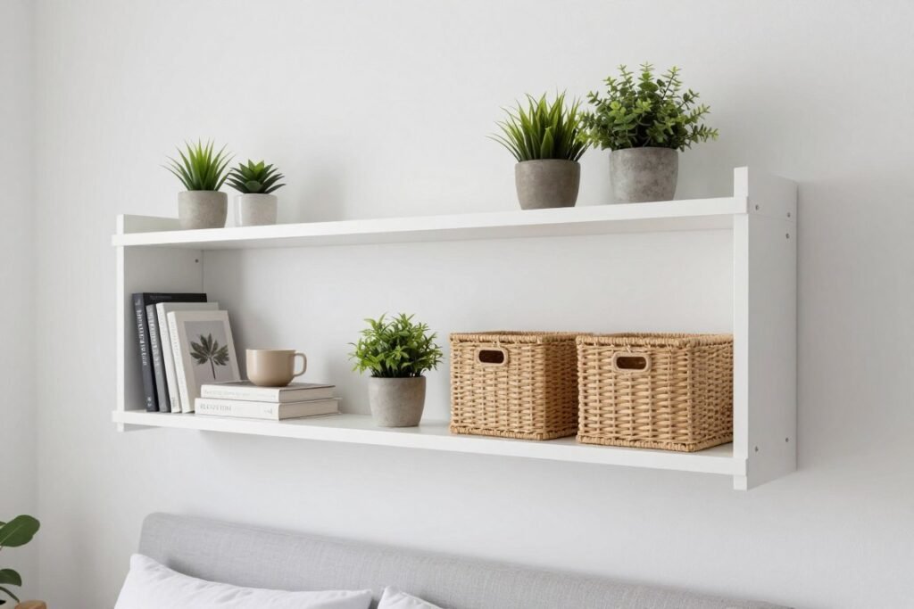 floating shelves mounted above bed in small guest bedroom with decorative items and storage baskets
