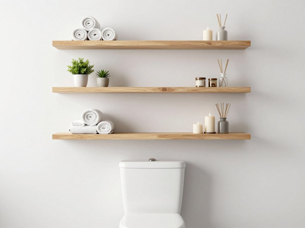floating shelves mounted above toilet with decorative items