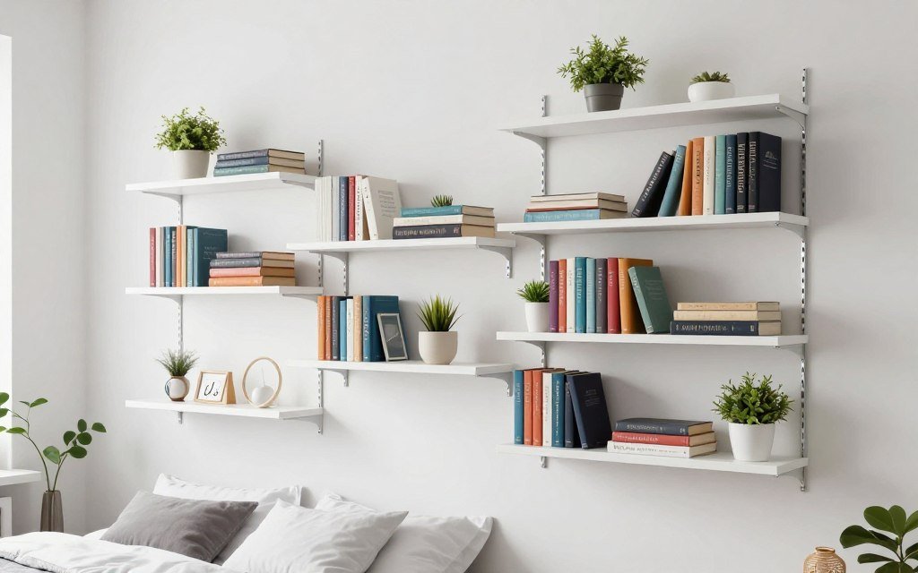 floating shelves on bedroom wall storing books and decorative items