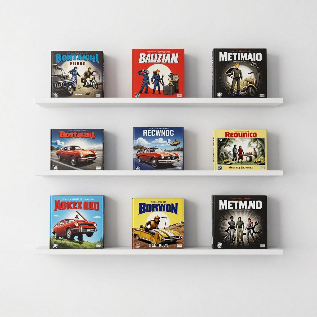 floating shelves with curated board game selection