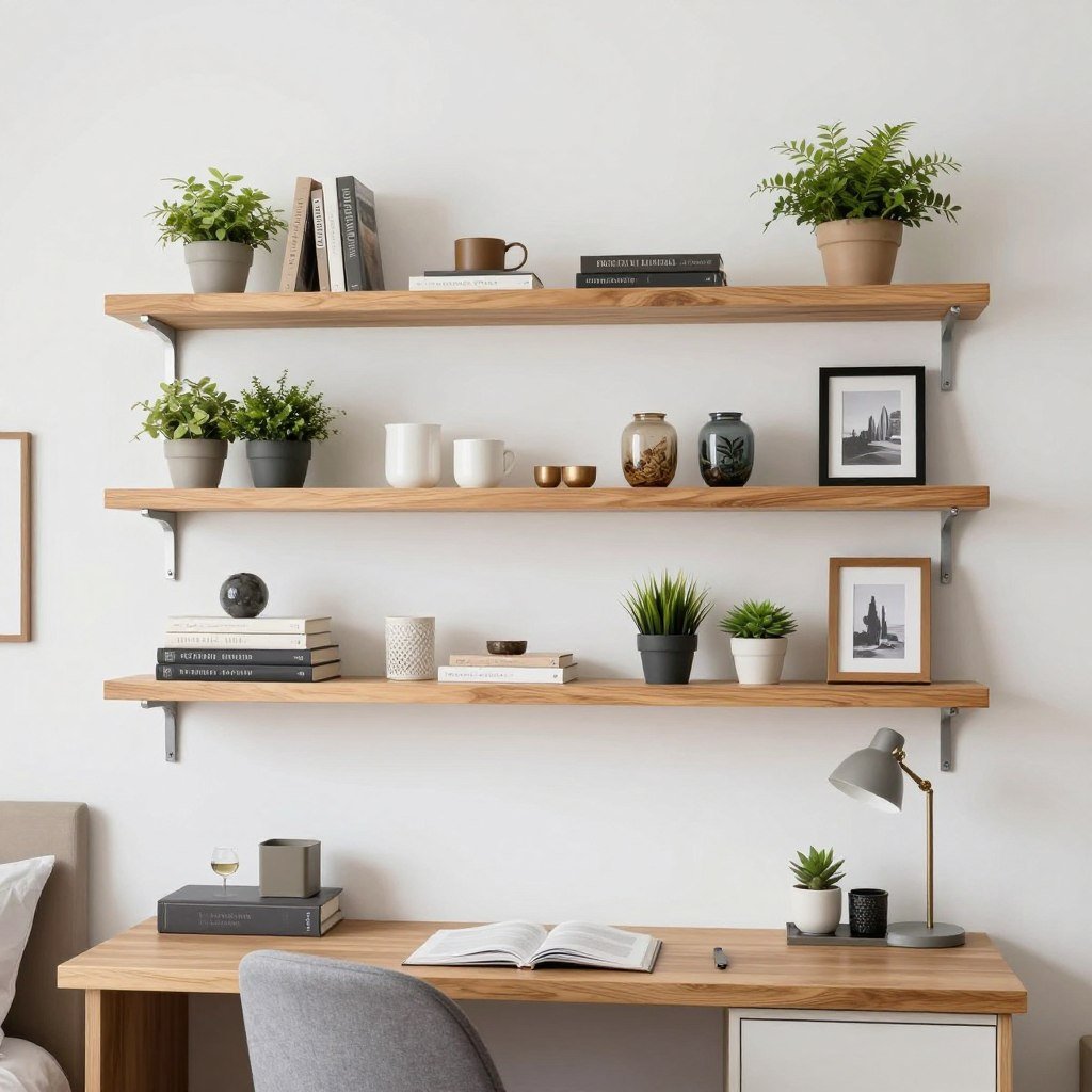 floating shelves with decorative objects and plants in guest bedroom