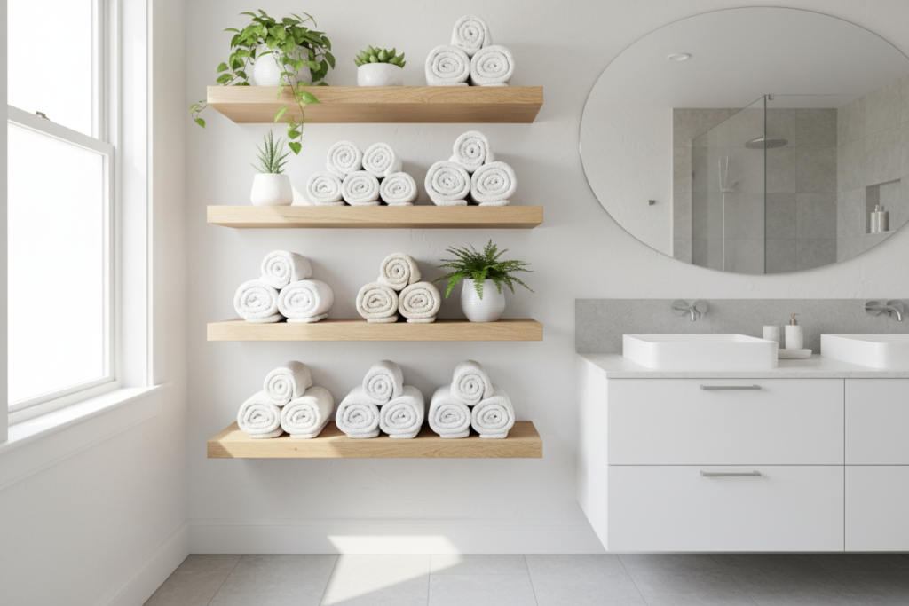floating shelves with rolled towels creating storage space in small bathroom