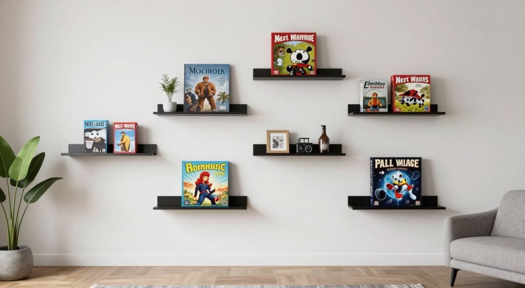 floating wall shelves displaying board games decoratively