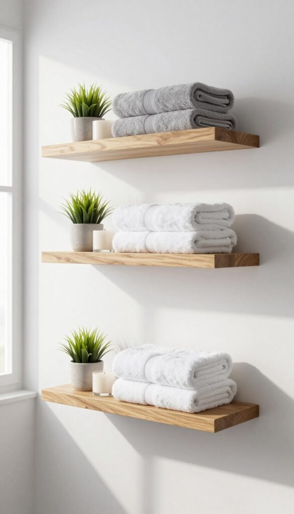 floating wall shelves in bathroom with towels and decor