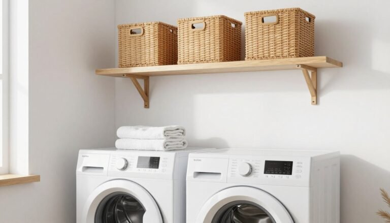 floating wood shelf mounted above top load washer in small laundry room with storage baskets