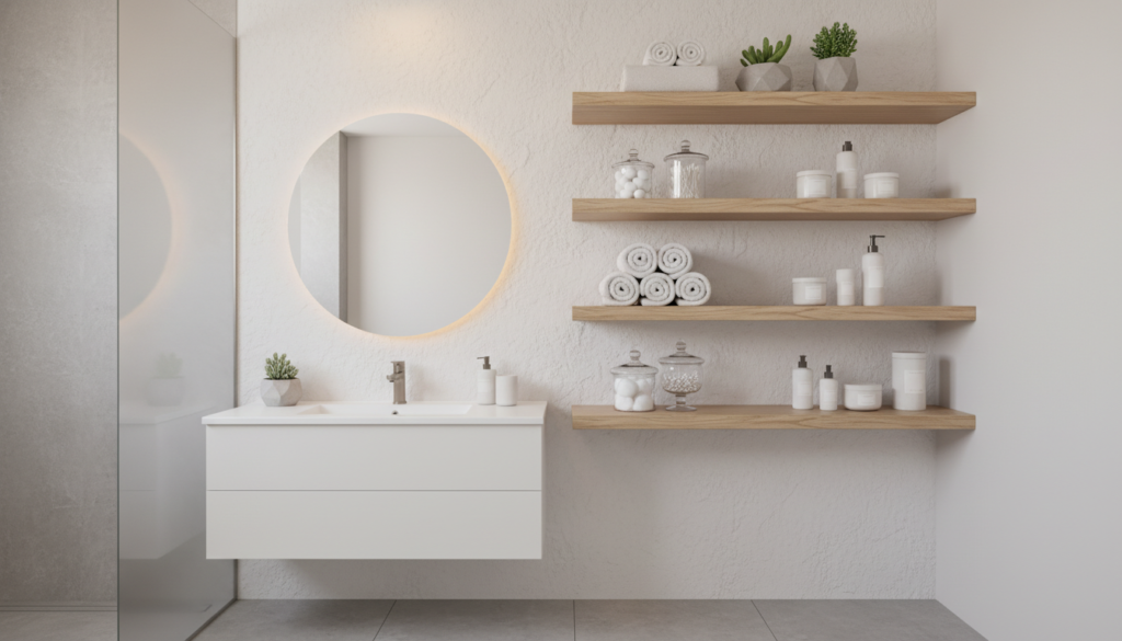 floating wooden shelves in small bathroom with organized toiletries
