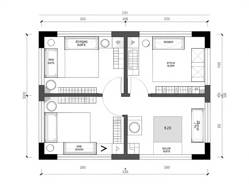 floor plan sketch of small salon suite showing efficient furniture layout