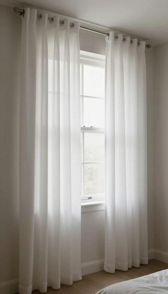 floor-to-ceiling curtains in small bedroom creating vertical lines